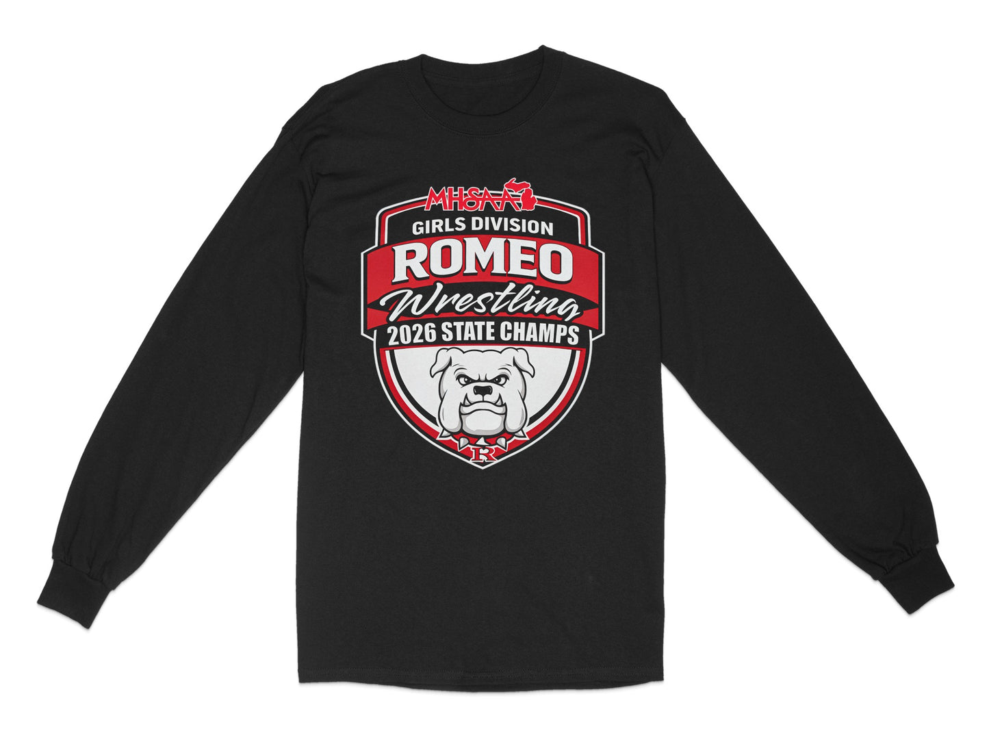Black long-sleeve shirt with Romeo Girls Wrestling 2026 State Champs logo.