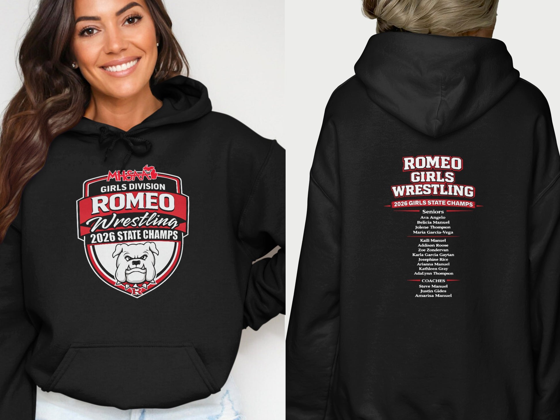 Romeo Girls Wrestling 2026 State Champs hoodie with team roster.