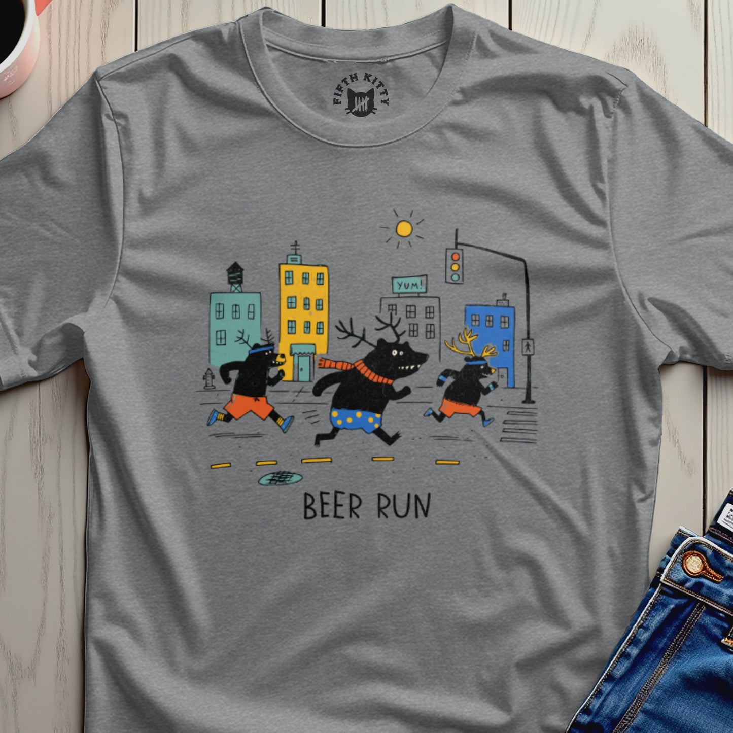 T-shirt with cartoon deer running in a city with the text "BEER RUN".