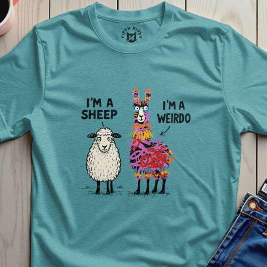 Sheep and llama graphic with "I'M A SHEEP" and "I'M A WEIRDO" text.