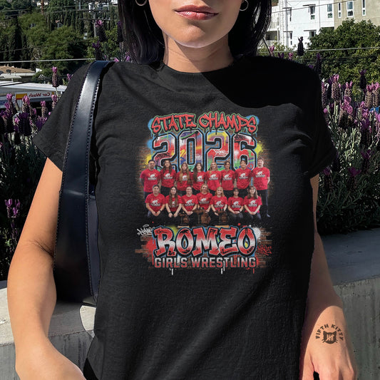 Black t-shirt with "State Champs 2026 Romeo Girls Wrestling" and team photo.