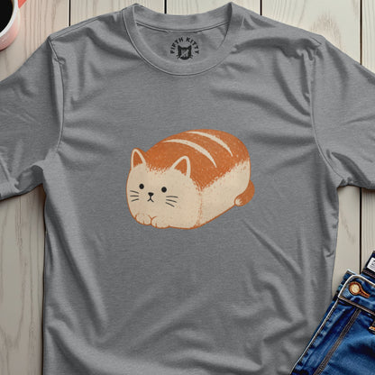 Grey t-shirt with a cartoon cat shaped like a loaf of bread.