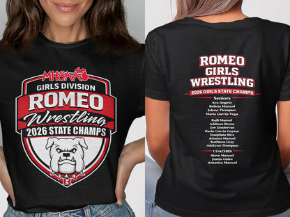 Romeo Girls Wrestling 2026 State Champs t-shirt with bulldog logo and team roster.
