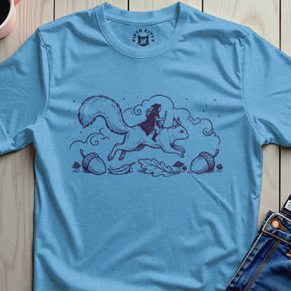 Witch Riding Squirrel Graphic Tee with Acorn Design