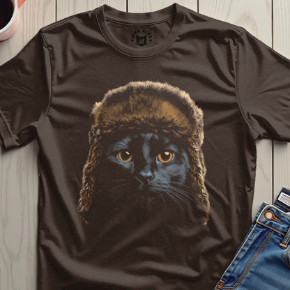 Black Cat Wearing Fur Hat Graphic T-Shirt Product