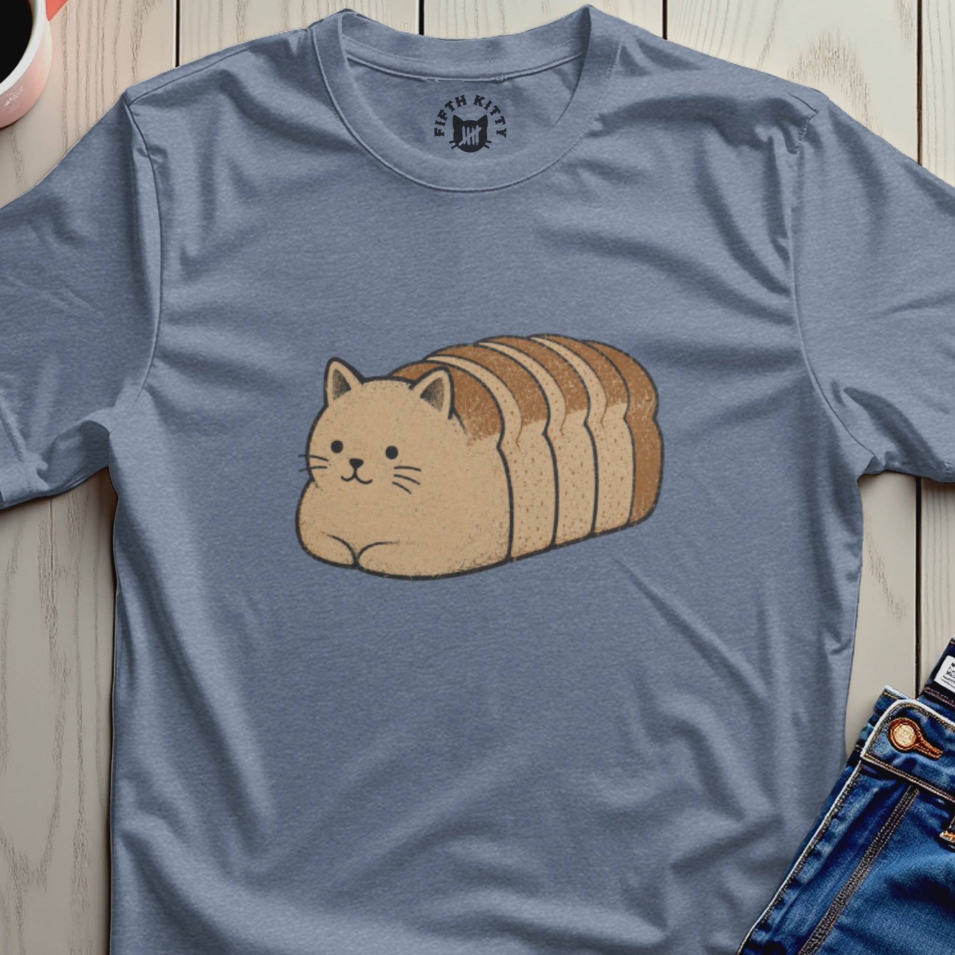 Blue t-shirt with a cartoon cat loaf of bread graphic and "FIFTH KITTY" logo.