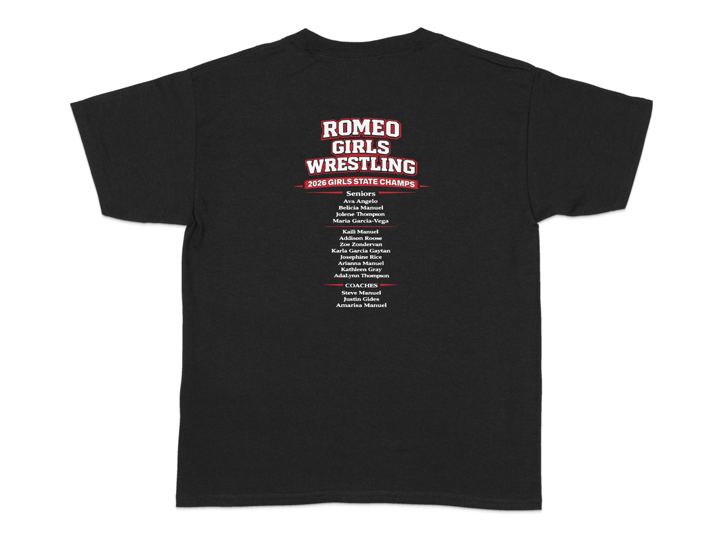 Romeo Girls Wrestling 2026 State Champs t-shirt with roster.
