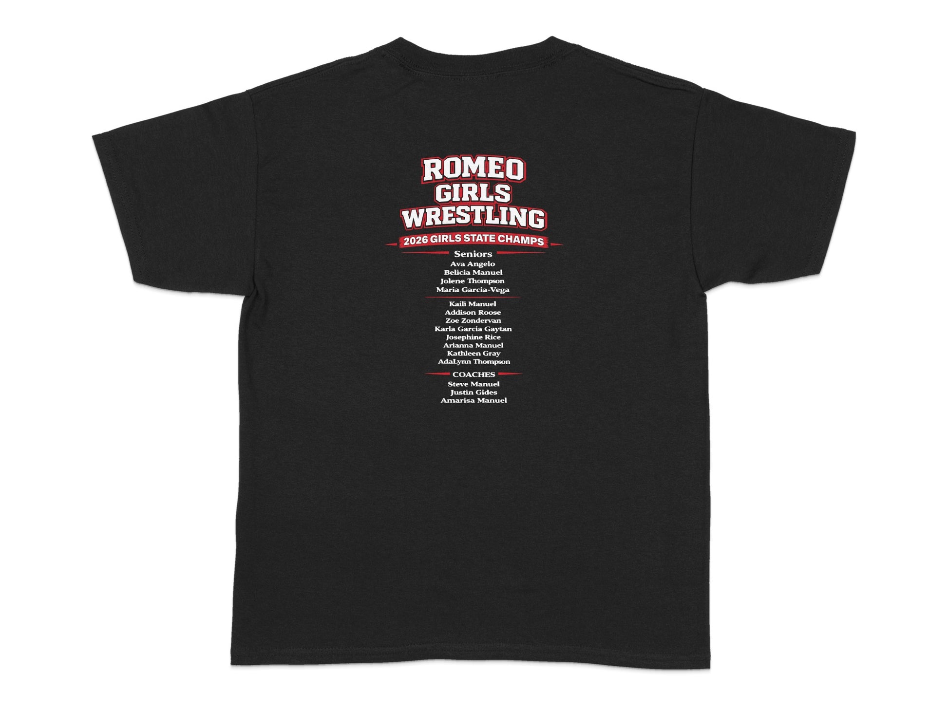 Romeo Girls Wrestling 2026 State Champs t-shirt with roster.