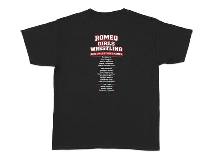 Romeo Girls Wrestling 2026 State Champs t-shirt with roster.