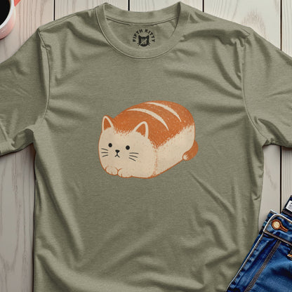 Cat loaf graphic on a green t-shirt with Fifth Kitty logo.