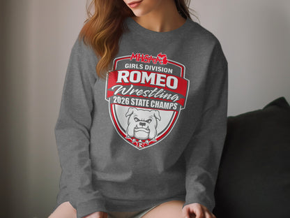 Dark grey long-sleeved shirt with Romeo Wrestling 2026 State Champs logo.