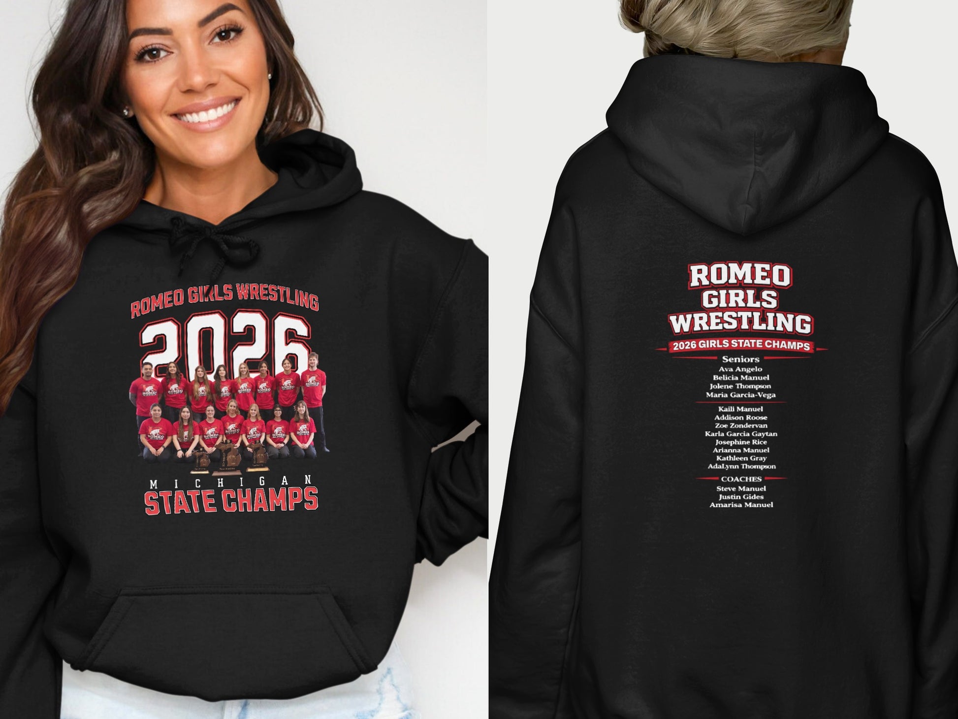 Romeo Girls Wrestling 2026 State Champs hoodie with team names and senior roster.