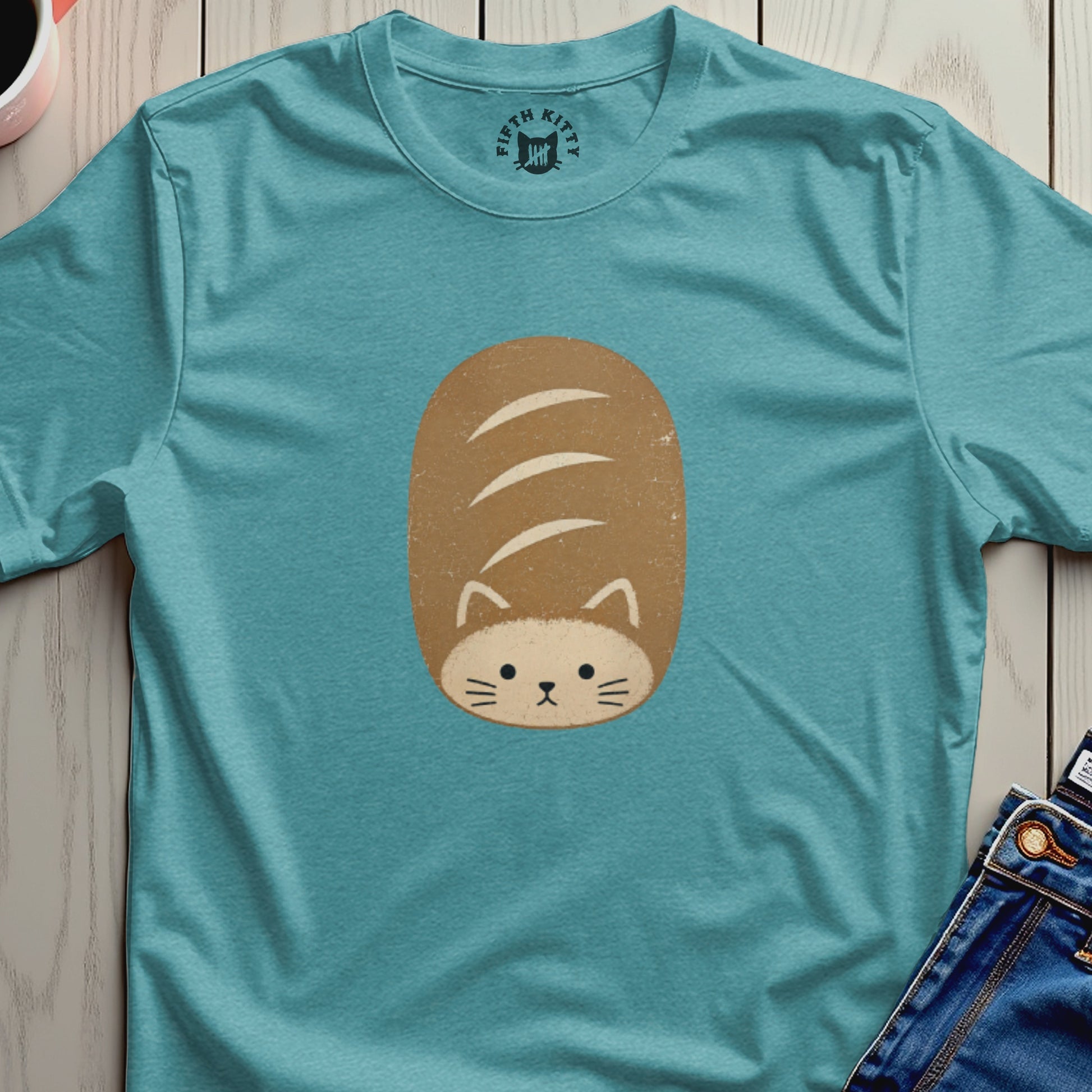 Teal t-shirt with a loaf of bread shaped cat graphic and Fifth Kitty logo.