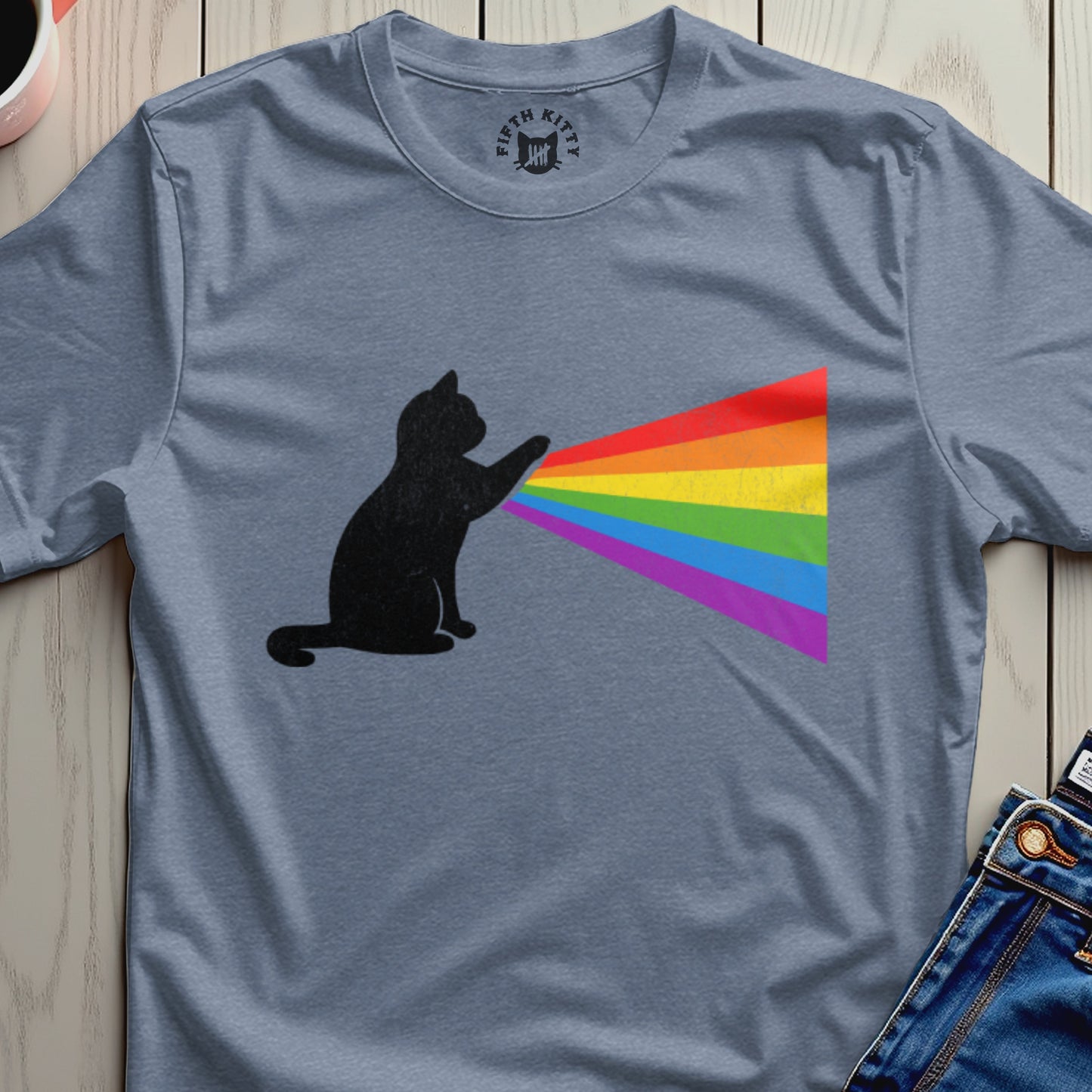 Cat with Rainbow Prism Graphic Design T-Shirt