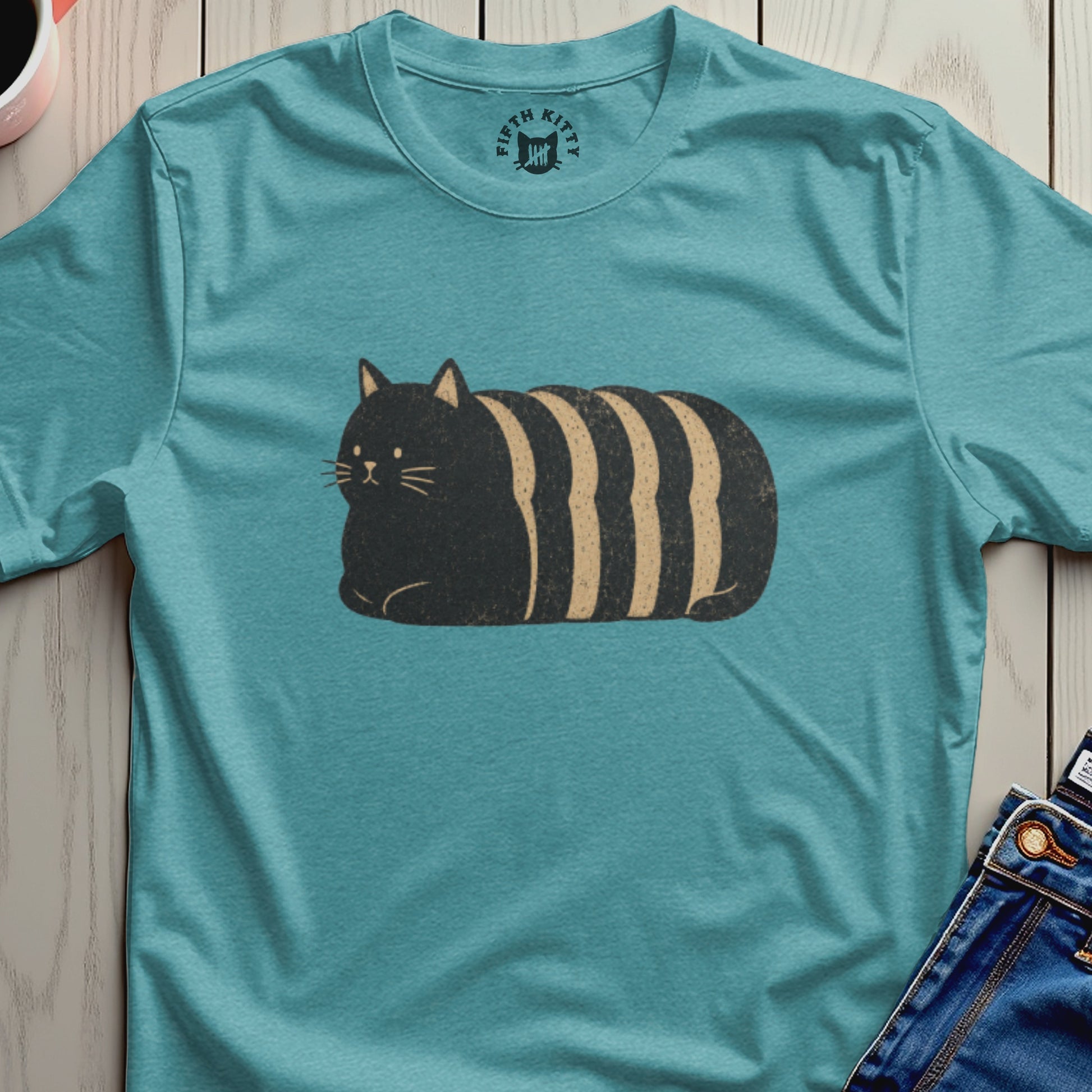 Teal t-shirt with a round logo and a graphic of a striped cat.