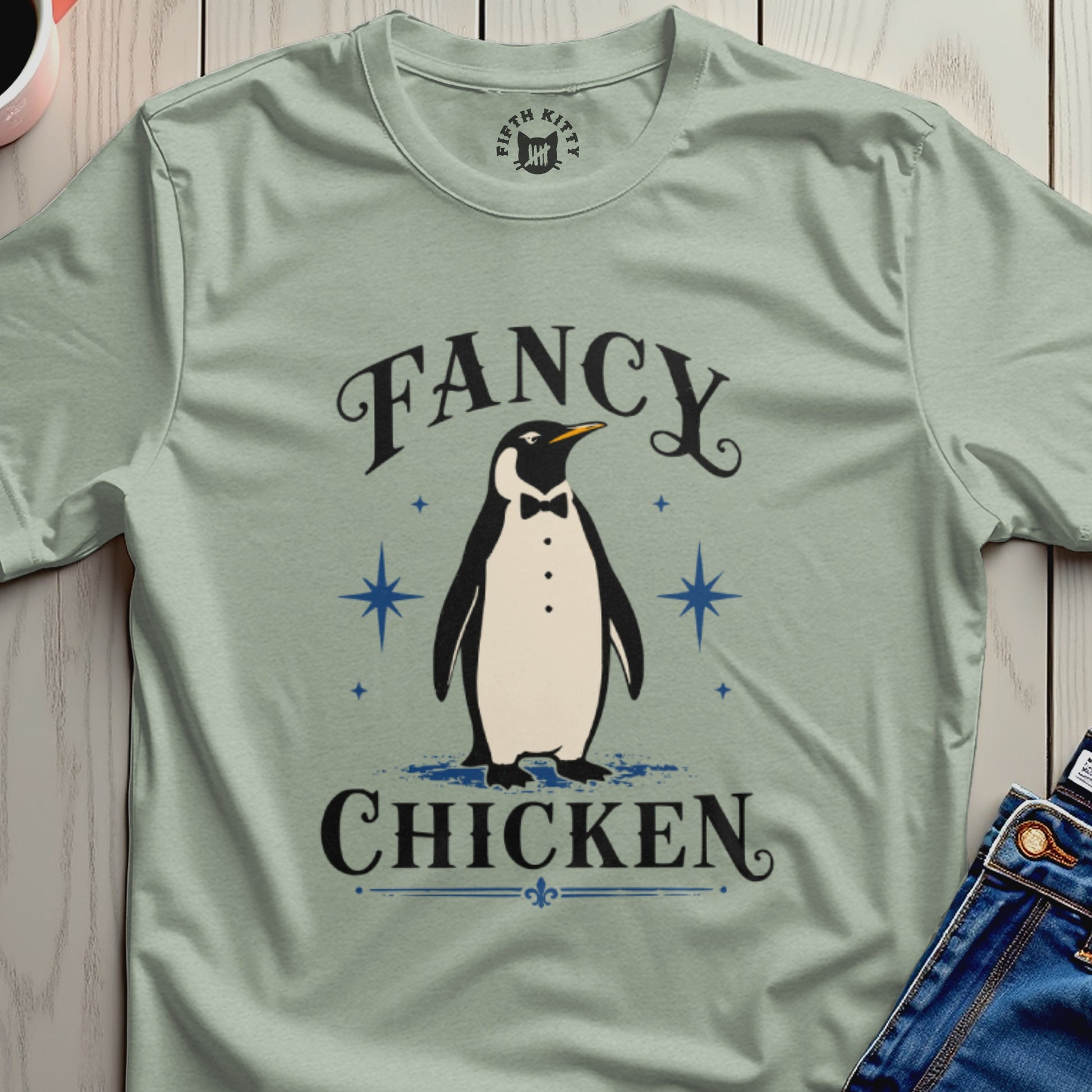 T-shirt with a tuxedo-wearing penguin graphic and "Fancy Chicken" text.