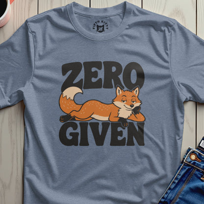 Blue t-shirt with "ZERO GIVEN" text and a reclining cartoon fox.