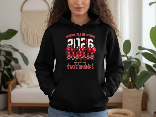 Black hoodie with "2026 Michigan State Champs" and wrestling team photo.