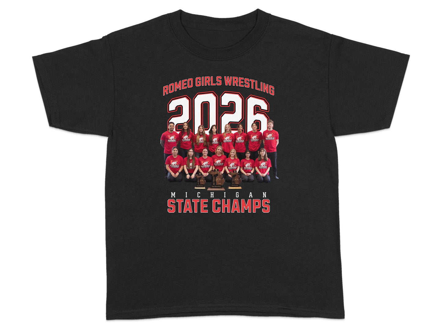 Romeo Girls Wrestling 2026 Michigan State Champs t-shirt.