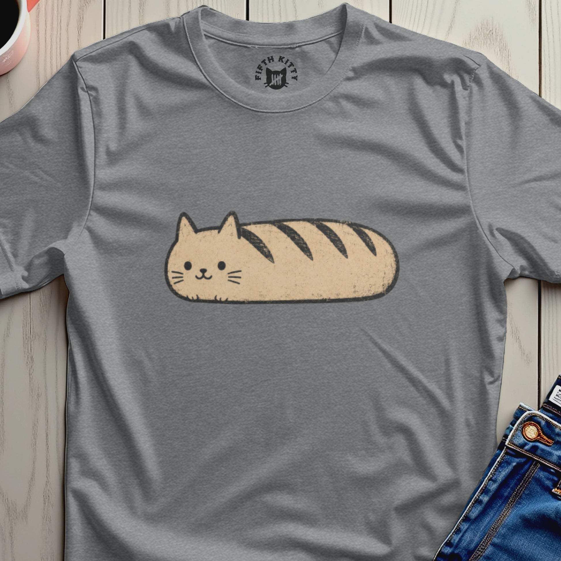 Gray t-shirt with a cartoon loaf-shaped cat and "Fifth Kitty" logo.