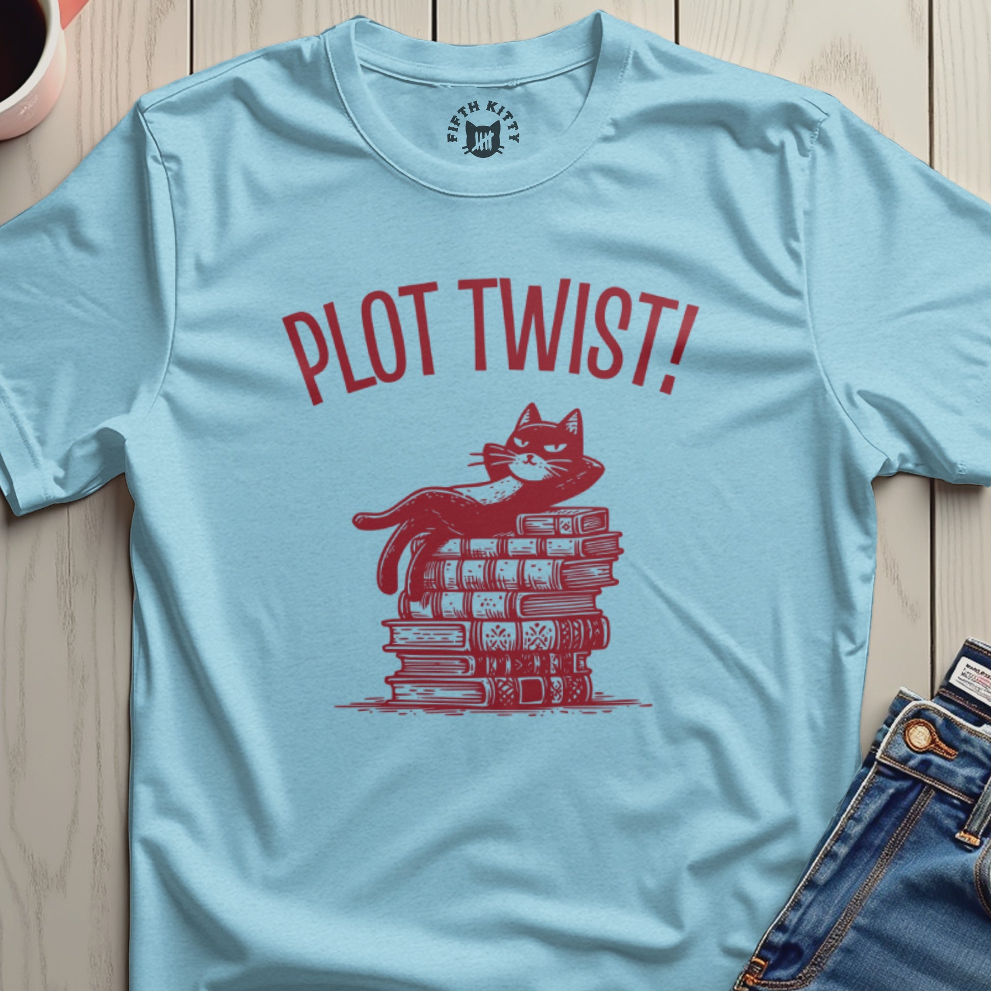 Plot Twist Cat with Books Fun Graphic Tee Shirt