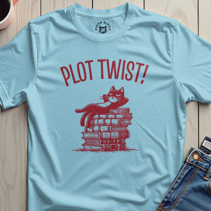 Plot Twist Cat with Books Fun Graphic Tee Shirt