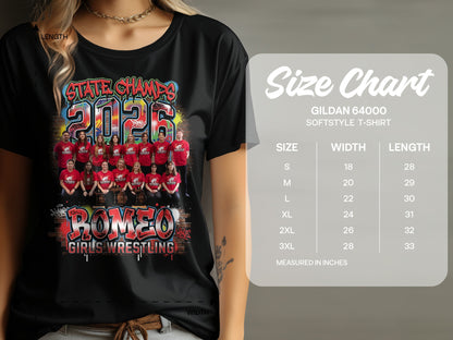 Gildan 64000 t-shirt size chart for Romeo Girls Wrestling State Champs 2026.