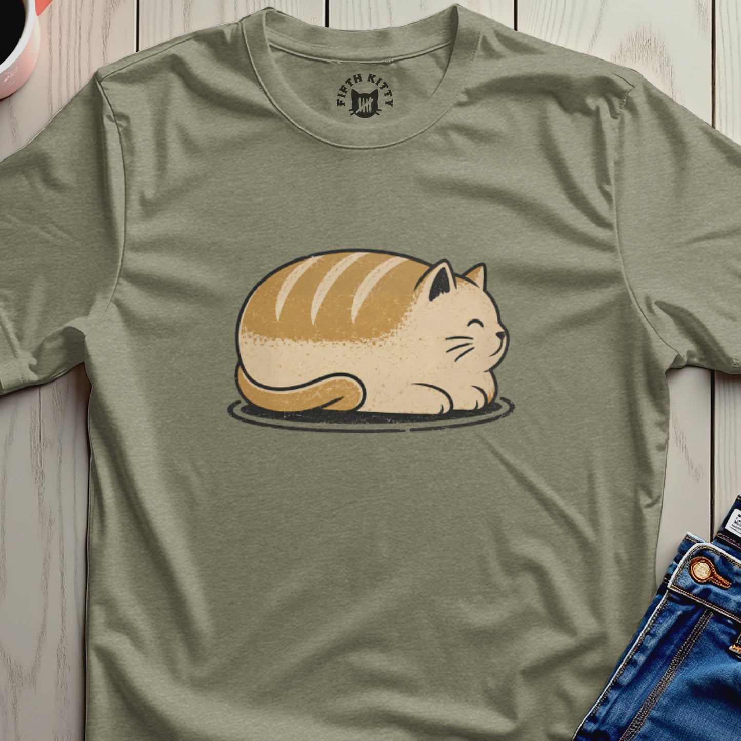 Cat loaf design with stripes and Fifth Kitty logo on a khaki t-shirt