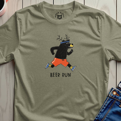 Bear wearing antlers and shorts runs with "BEER RUN" text below.