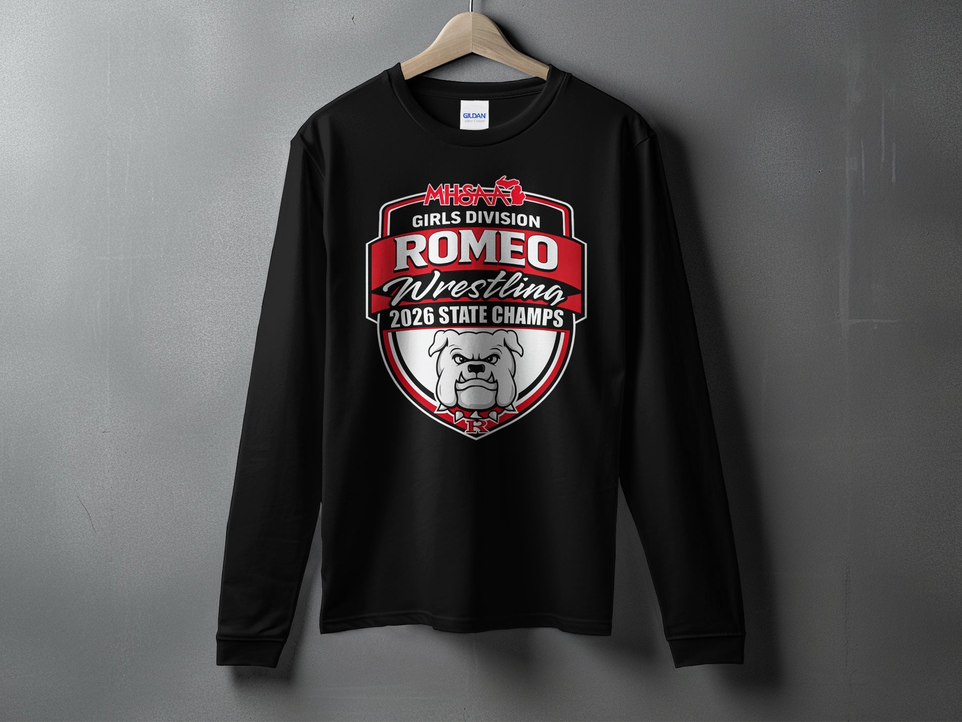 Black long-sleeve shirt with "Romeo Girls Division 2026 State Champs" bulldog logo.