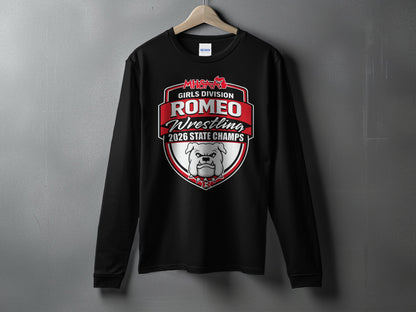 Black long-sleeve shirt with "Romeo Girls Division 2026 State Champs" bulldog logo.