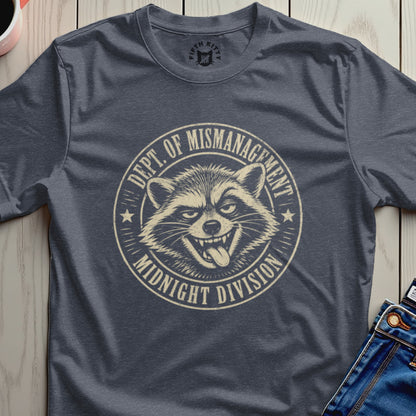 Dark gray t-shirt with a circular "Dept. of Mismanagement Midnight Division" raccoon graphic.