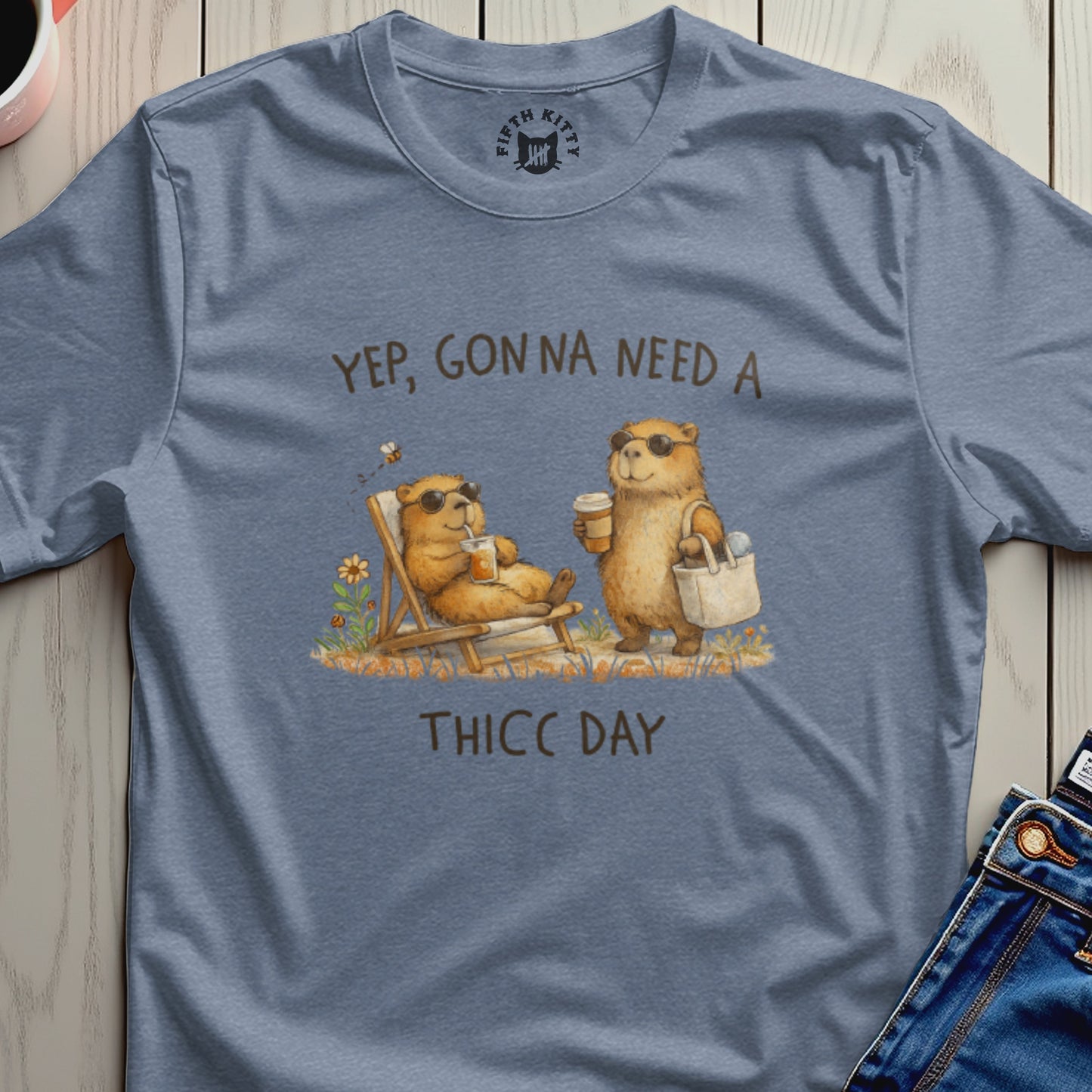 Two bears in sunglasses relax, one in a lounge chair, with text "YEP, GON NA NEED A THICC DAY".
