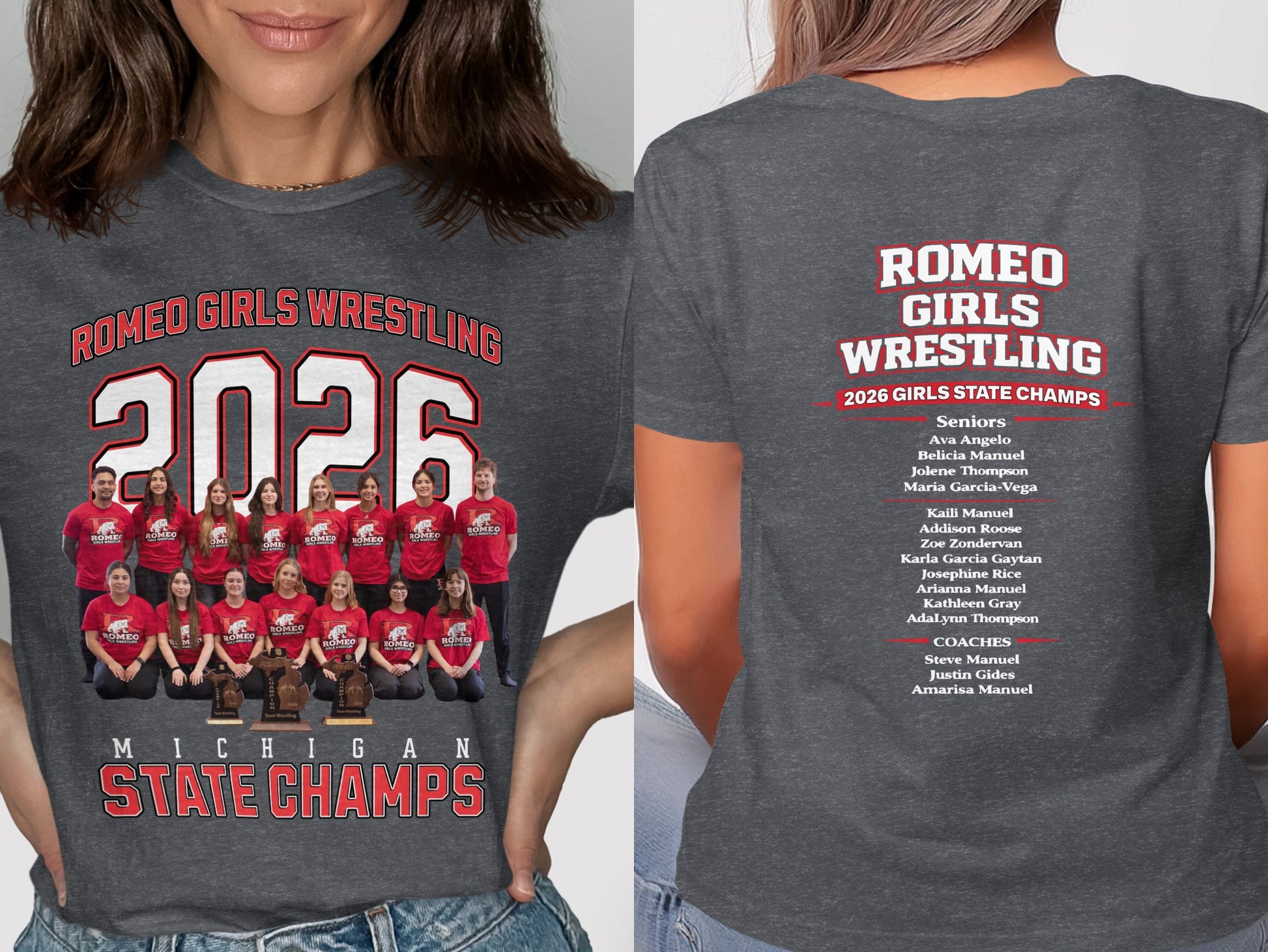 Dark gray t-shirt with "Romeo Girls Wrestling 2026 Michigan State Champs" text and team photo.