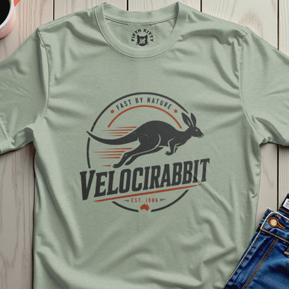 T-shirt with a graphic of a running kangaroo and text "VELOCIRABBIT FAST BY NATURE EST. 1986."
