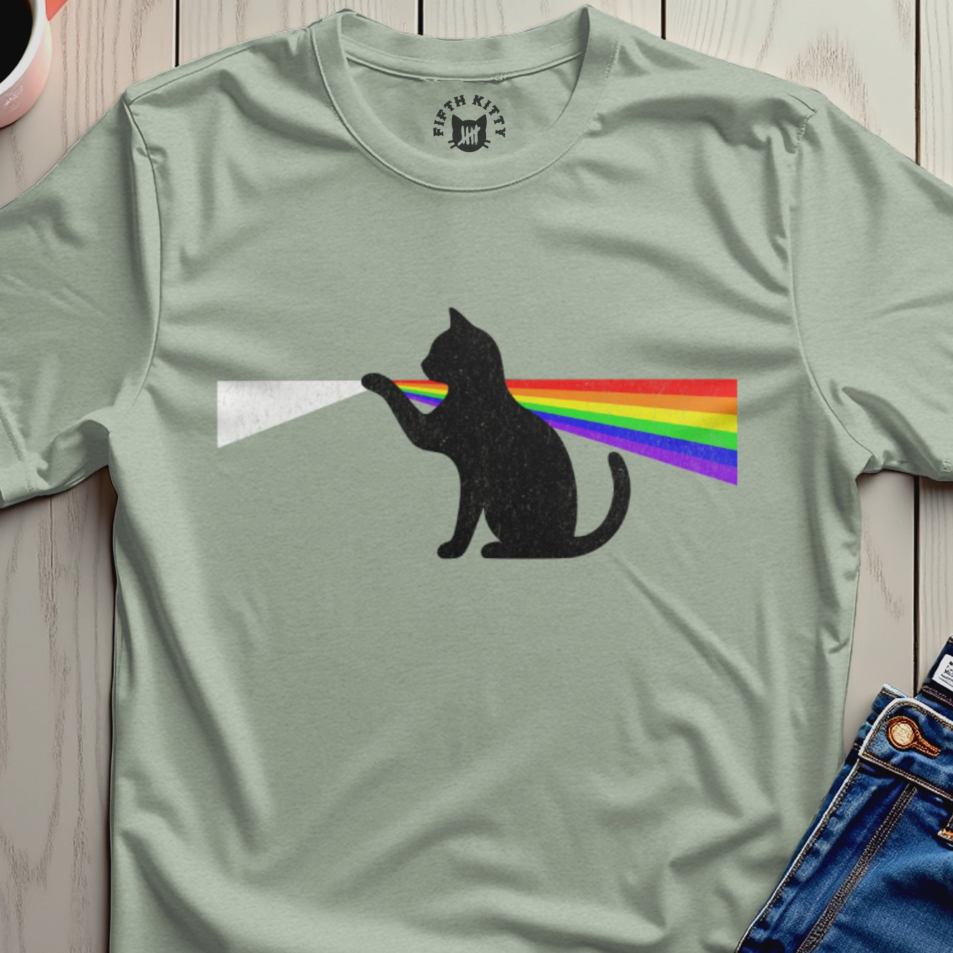 Cat with Rainbow Beam Graphic Short Sleeve Shirt