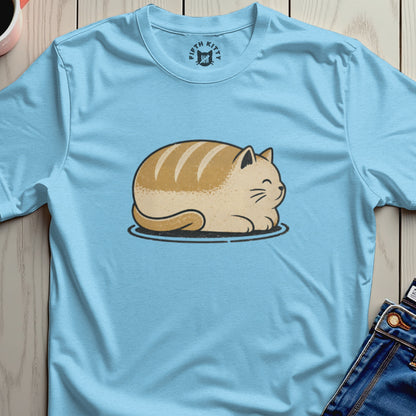 Light blue t-shirt with a loaf-shaped cat graphic and Fifth Kitty logo.