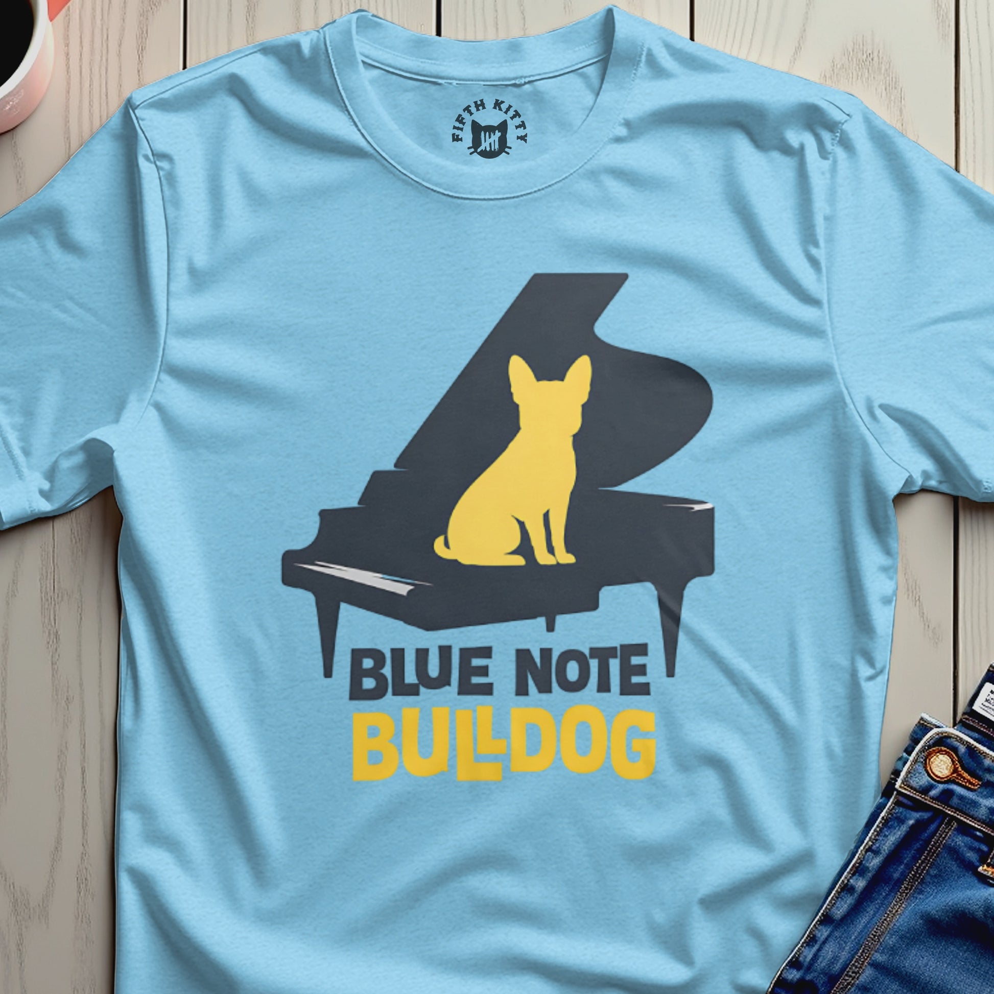 Blue Note Bulldog Graphic T-Shirt with Piano Design