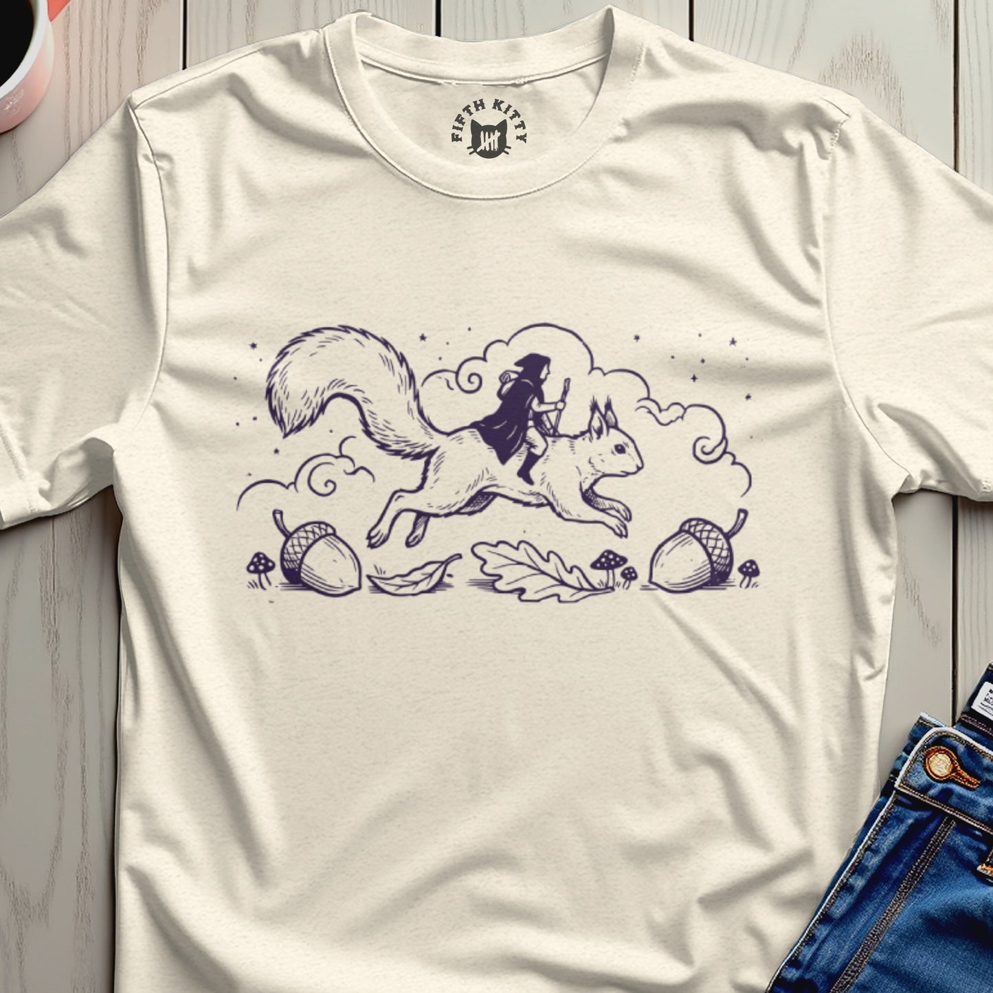 Witch Riding Squirrel with Acorn and Leaf Artwork Shirt