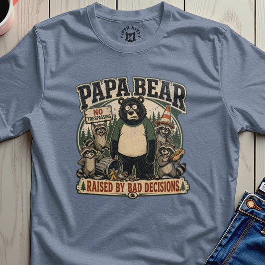 Papa Bear t-shirt with raccoons and a bear wearing a cone.