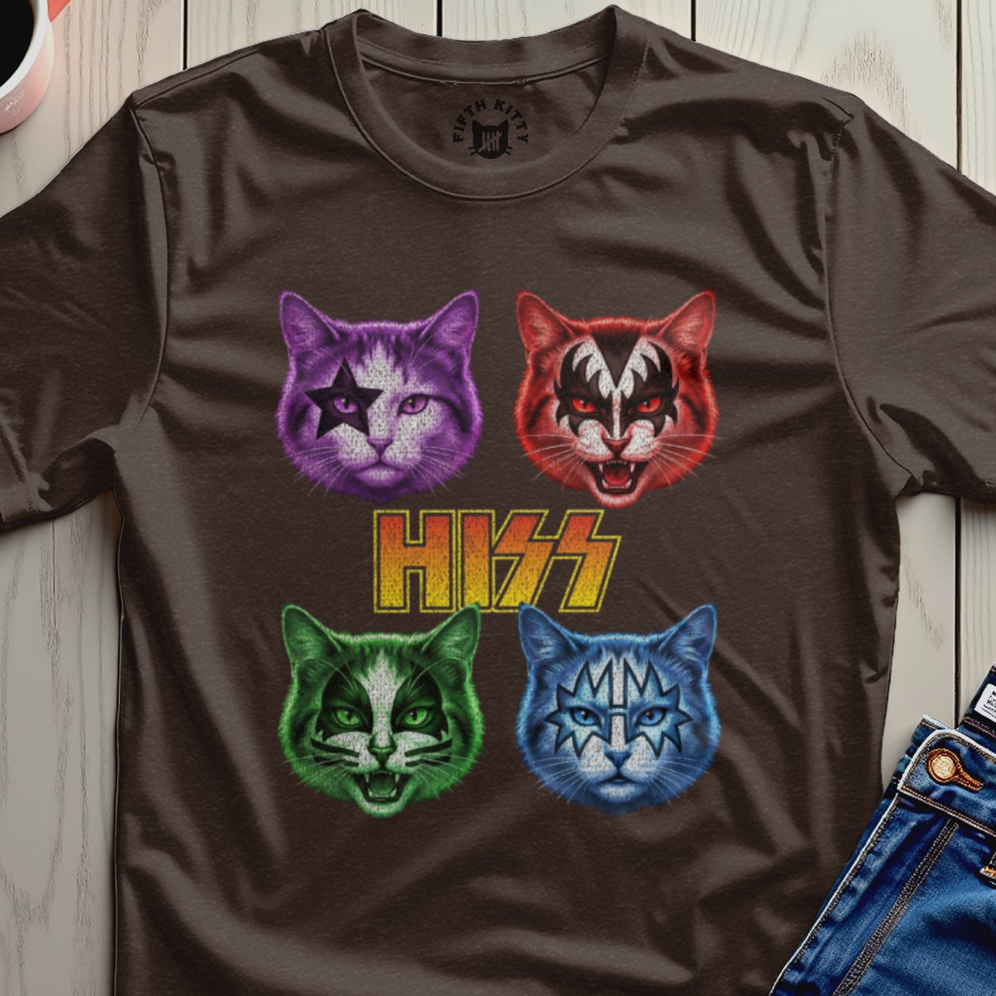 HISS Band Inspired Colorful Cat Faces Graphic Shirt