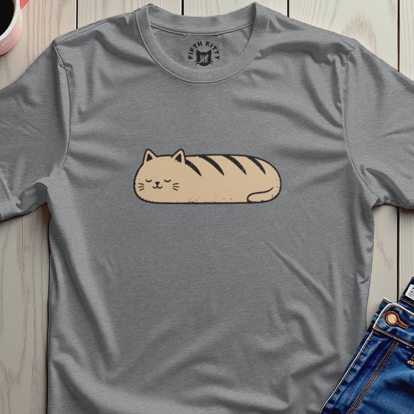 Grey t-shirt with an illustration of a loaf-shaped cat with black stripes.