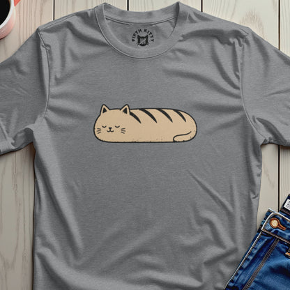 Grey t-shirt with an illustration of a loaf-shaped cat with black stripes.