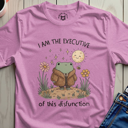 Pink t-shirt with a frog wearing a fur coat and the text "I AM THE EXECUTIVE of this disfunction."