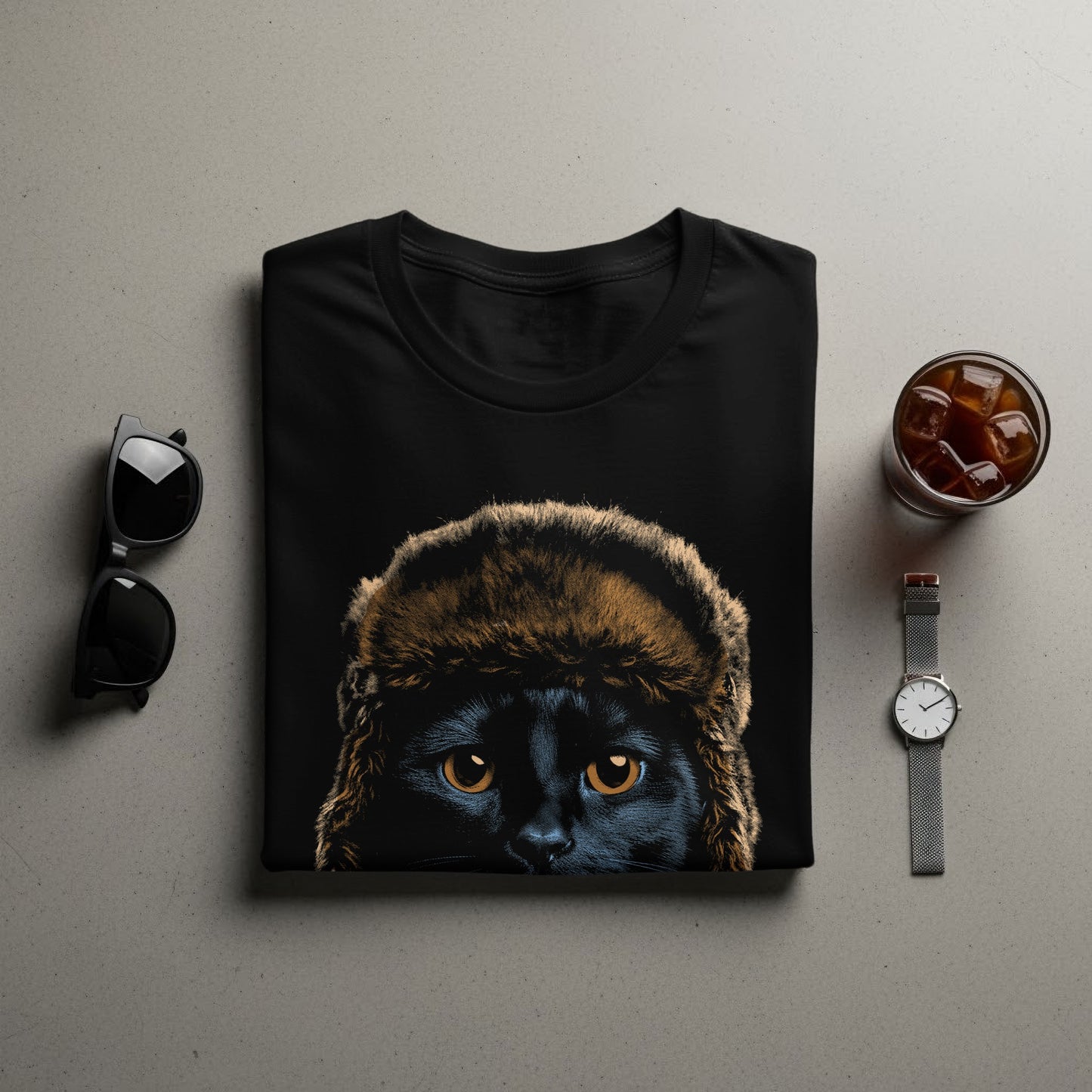 Cute Cat Wearing Furry Hat Graphic T-Shirt