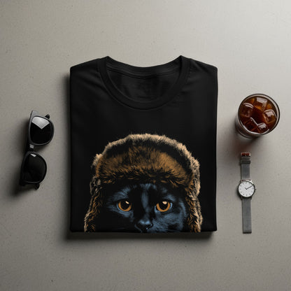 Cute Cat Wearing Furry Hat Graphic T-Shirt