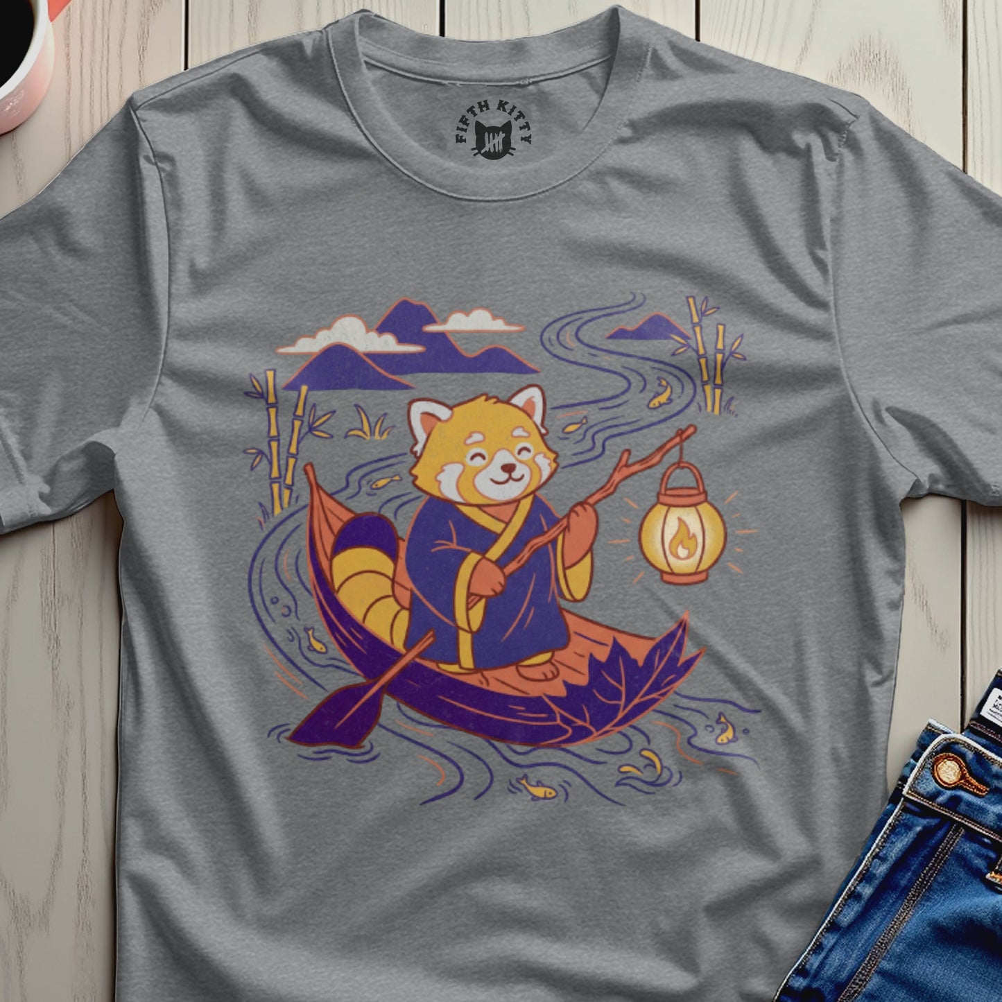 Red Panda Rowing in Canoe with Bamboo Scene T-shirt