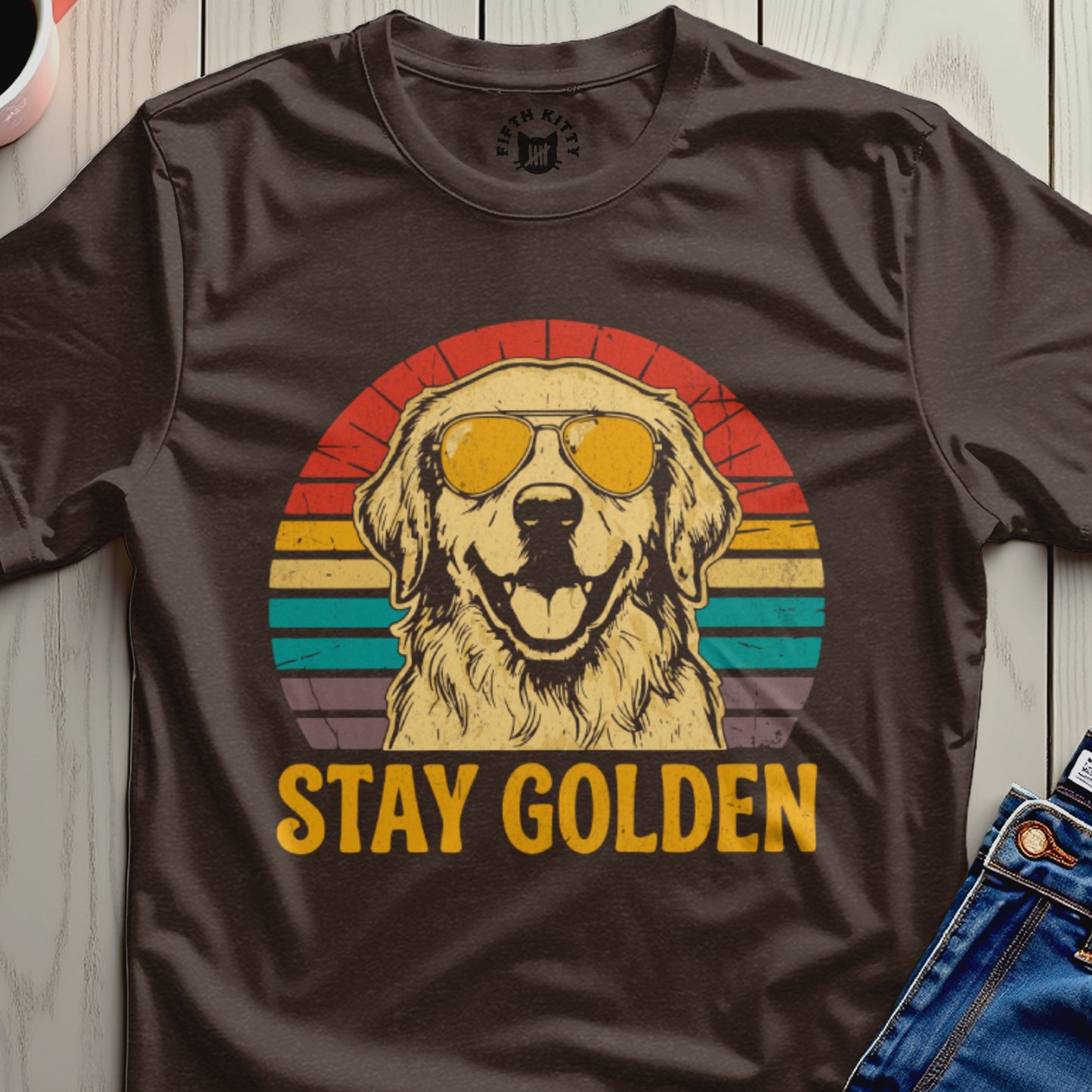 Retro Stay Golden Dog with Sunglasses Graphic T-Shirt