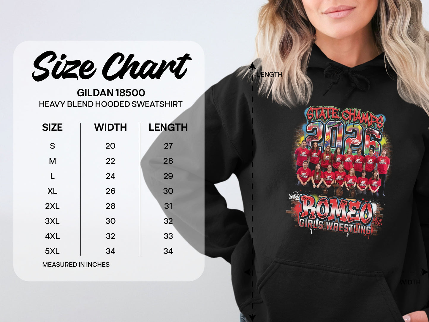 Gildan 18500 size chart for hooded sweatshirt with wrestling team graphic.
