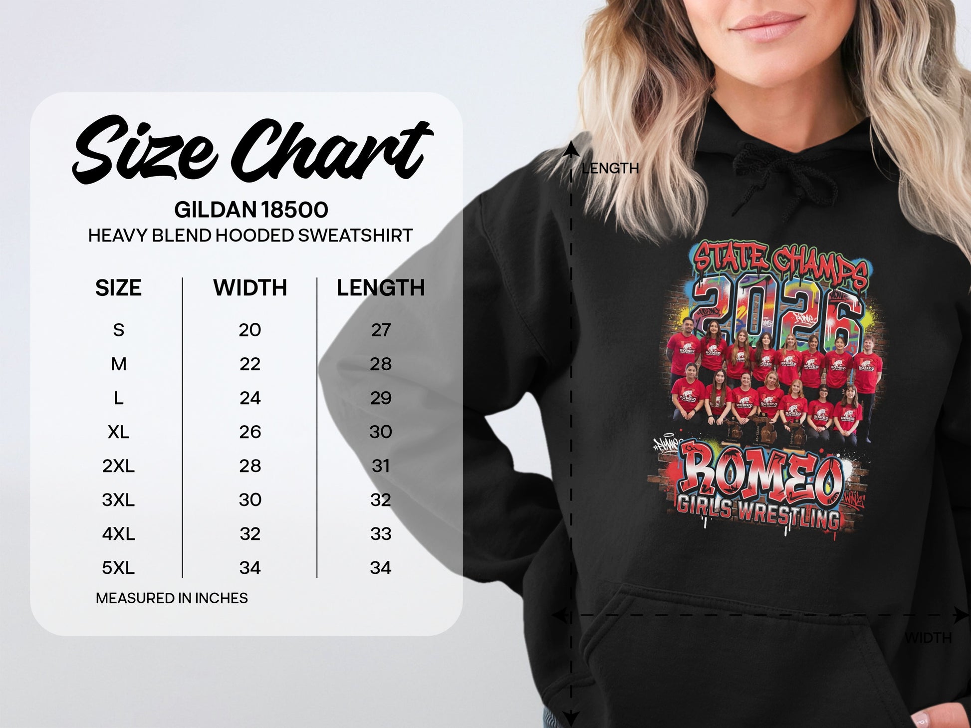 Gildan 18500 size chart for hooded sweatshirt with wrestling team graphic.
